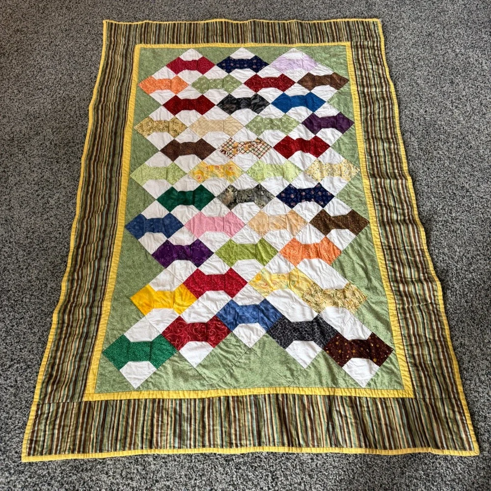 Handmade‎ Patchwork Bow Tie Quilt Multi Color Scrappy Cotton Throw Blanket